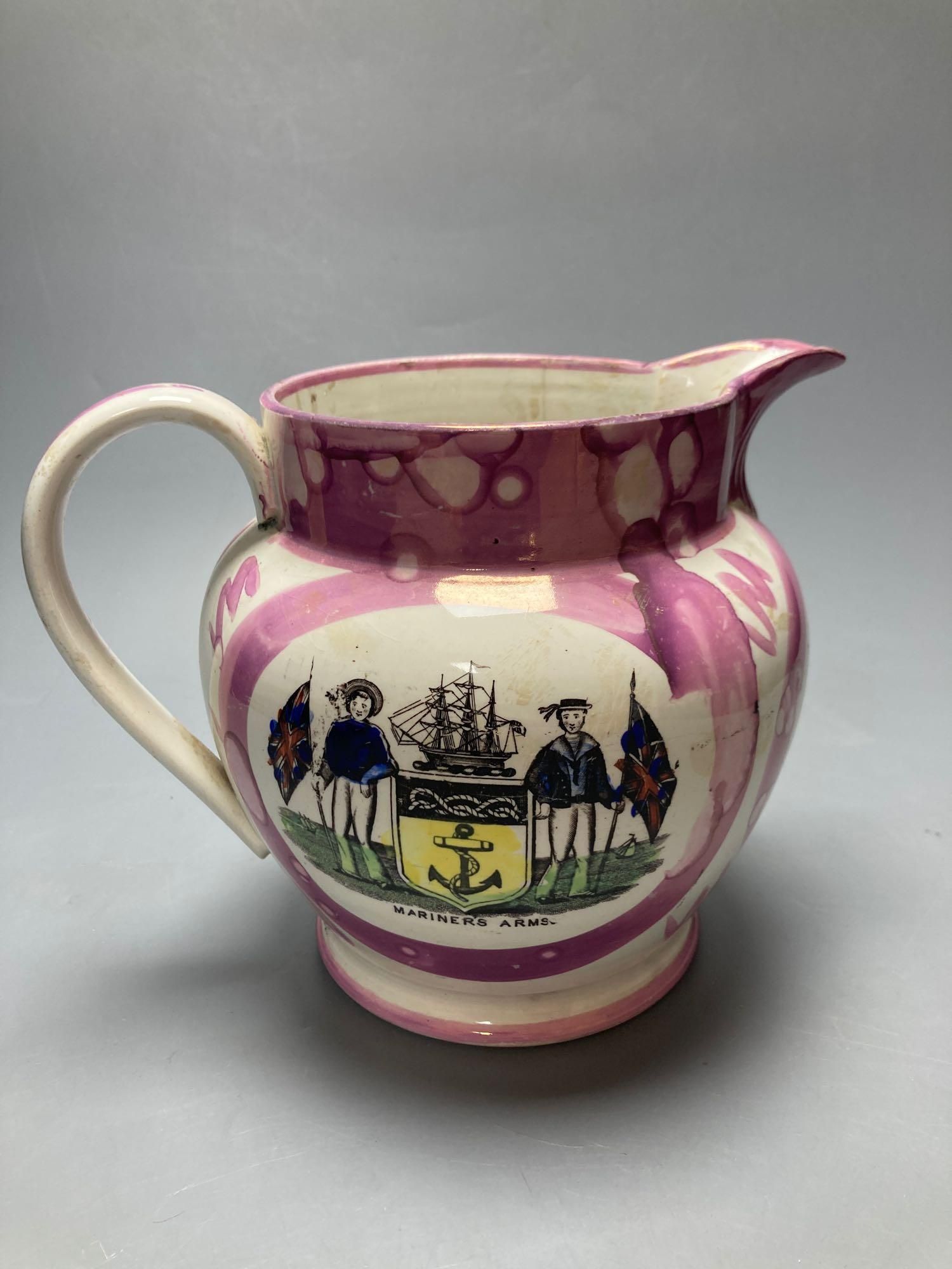 Two early 19th century Sunderland pink lustre jugs and similar bowl, transfer printed and enamelled, tallest jug 21cm